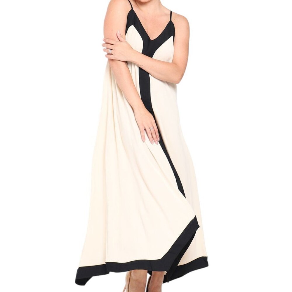 "Le Muse" Women Boho Long Summer Dress Vneck Spaguetti Strap Flowy Bicolor
